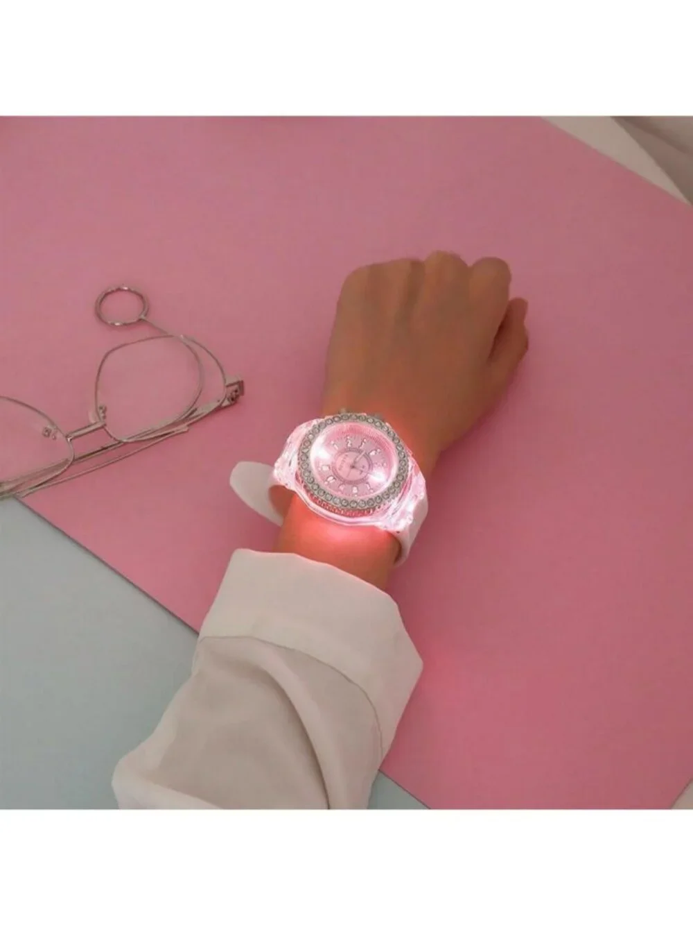 Women's Pink Analog Silicone Bling LED Luminous Lights Sport Square Wrist Watch